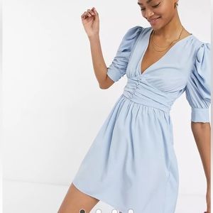 ASOS Vila mini dress with wrap front and ruffled 3/4 length sleeves in blue EUC